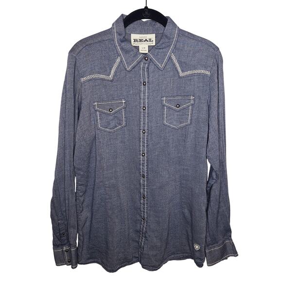 Ariat Tops - Ariat REAL Ace Shirt Women's Large Chambray Snap Western Cowgirl Embroidered